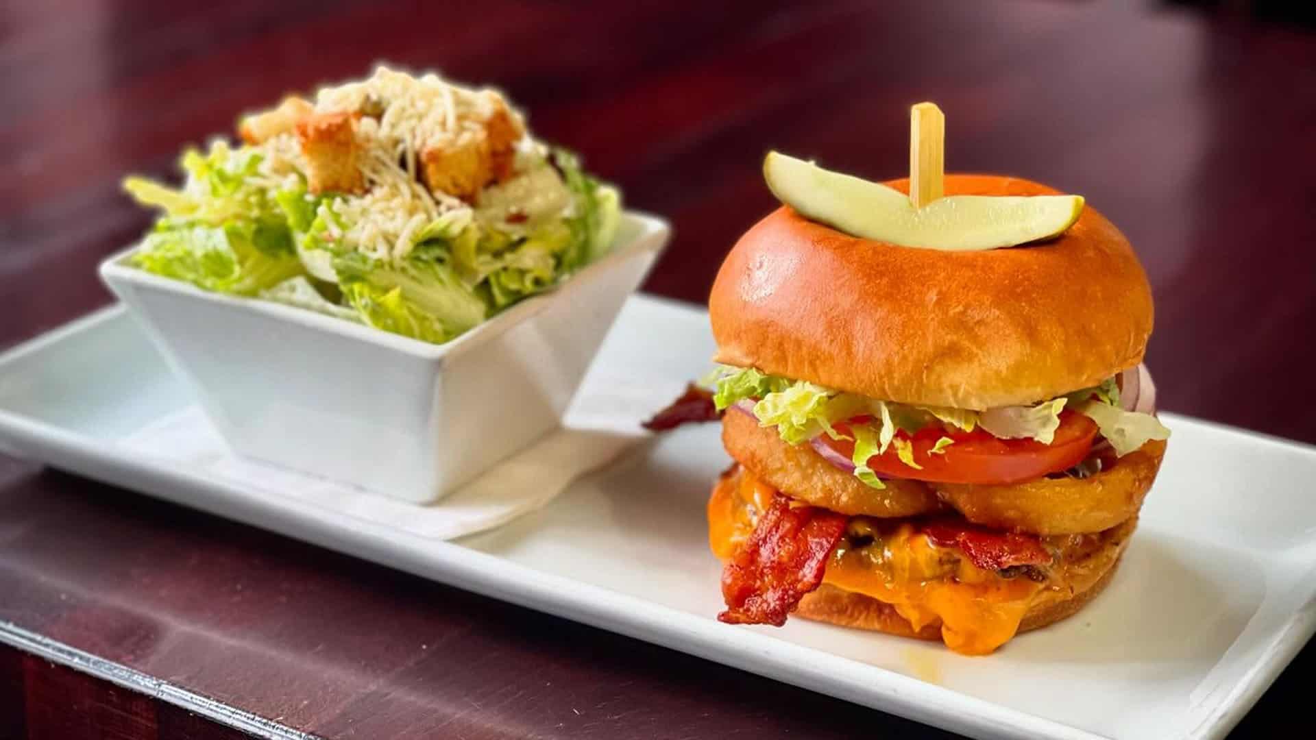The Empire Burger and Caesar Salad at The Lions Pub